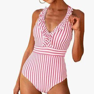 Cupshe - Coral White Striped Ruffle One Piece Swimsuit - Size Small